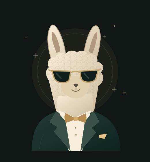 A fancy alpaca in sunglasses and a gold bow tie