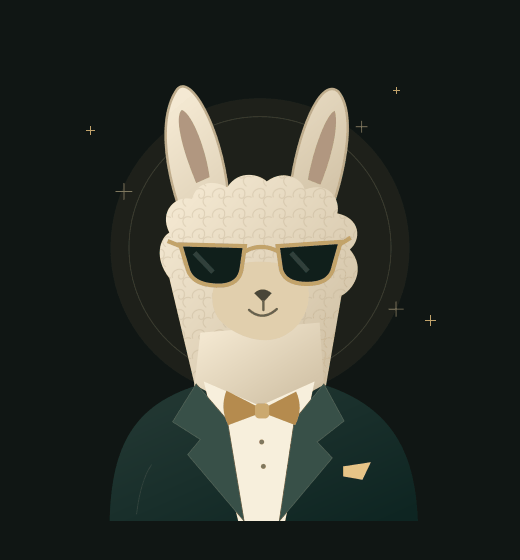A fancy alpaca in sunglasses and a gold bow tie doing a tiny hop and slowly lowering and replacing his sunglasses